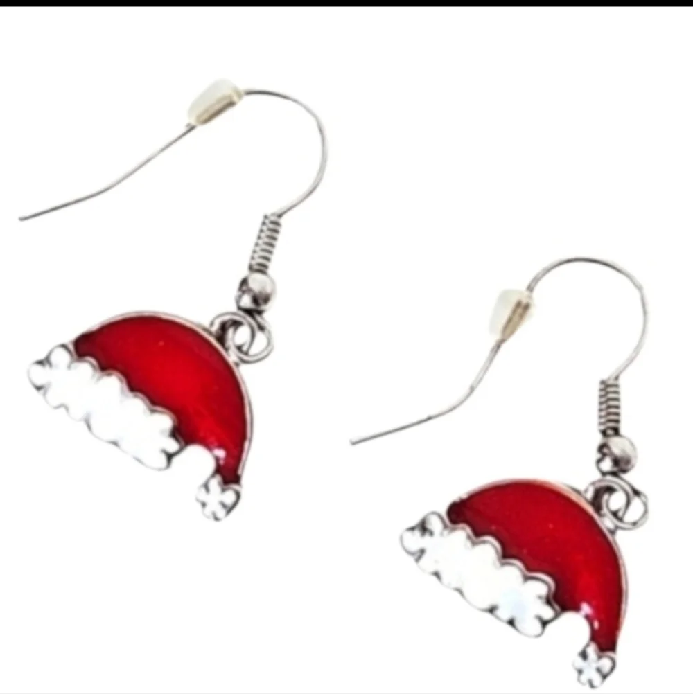 Santa Hat Christmas Dangle Earrings Red Enamel Holiday Winter Jewelry - Picture 4 of 5